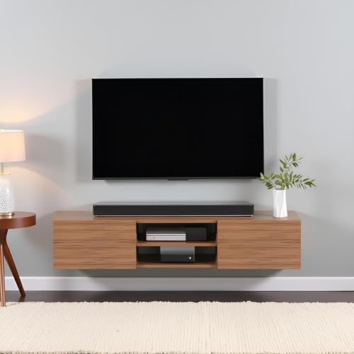 Image of FURNEASER Sasia Modern Wall Mounted TV Unit for 32 /42 /55 Inch TV | Floating Entertainment Unit with Storage | Engineered Wood TV Cabinet for Living Room | TV Stand with Doors (Exotic Teak)