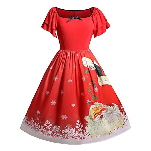 Preisvergleich Produktbild VEMOW Weihnachtsfeier Elegantes Kleid Damen Spitze Kurzarm Weihnachten Schnee Druck Lässig Täglich Einzigartiges Design Vintage Swing Kleid(D-Rot, 50 DE / 5XL CN)