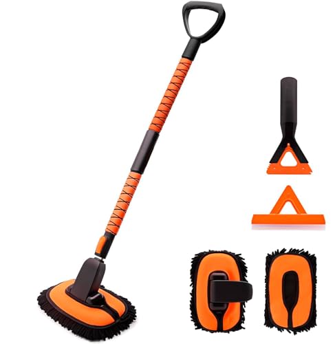 47-55” Car Wash Brush, Microfiber Car Wash Mop with Long Handle, 3 IN1 Car Wash Kit with Windshield Squeegee and Dual Function Tool, Extendable Brush Exterior Cleaning Tool for Cars RV Truck