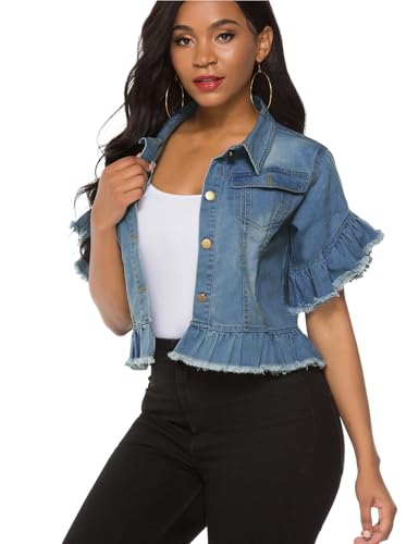 Image of Suvimuga Women's Denim Jacket Button Down Distressed Ruffle Sleeve Crop Jean Jackets Coat