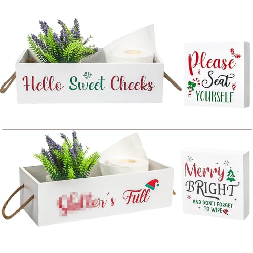 Soaoo 2 Pcs Christmas Farmhouse Bathroom Decor Wooden Storage Box with Funny Saying Design on 2 Sides Hello Sweet Cheeks Toilet Paper Holder Rustic Bathroom Sign for White Restroom Accessories