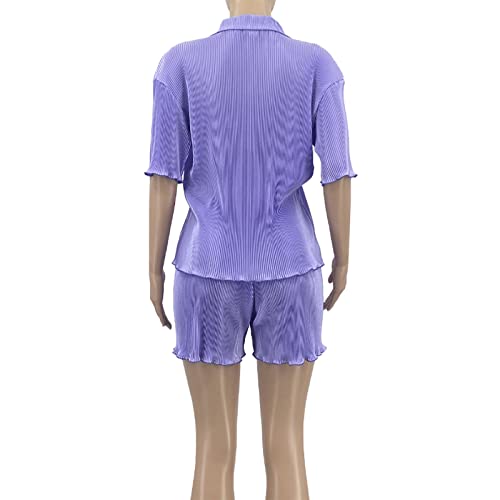 Purple 2 Piece Outfits For Women Summer Pleated Button Down Shirt Shorts Two Piece Beach Outfits Y2K Clothing Tracksuits Jumpsuits S #TOP5