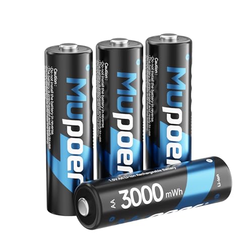 Image of Mupoer Rechargeable AA Batteries 4 Count,Lithium Battery A 1.5V 3000mWh,Double A Rechargeable Battery,Pilas Recargables AA,Li ion Two A Batteries for Blink Xbox Long Lasting Blue
