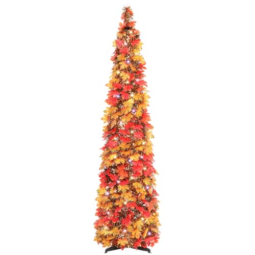 N&T NIETING Fall Tree Home Decor, Pop Up Tree with Lights & Timer & 8 Modes, Collapsible Tinsel Pencil Tree for Autumn Harvest Porch Thanksgiving Party Decorations, Maple Leaves