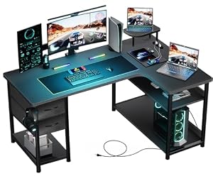 GTPLAYER ゲーミングデスク パソコンデスク L字 カーボン調 コンセント付き 引き出し ラック付き モニターアーム対応 棚高さ調節可能 ゲームデスク 小型モニター台 配線穴 右棚 DL004 Black 幅120cm ジーティ...