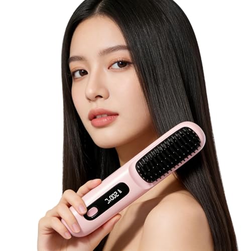 Image of Cordless Hair Straightener Brush for Women, Portable Travel Hair Straightener Brush, Ionic Ceramic Mini Hot Comb with Fast Heating, 3 Heat Settings, USB Rechargeable Anti-Frizz Styling Tool (Pink)