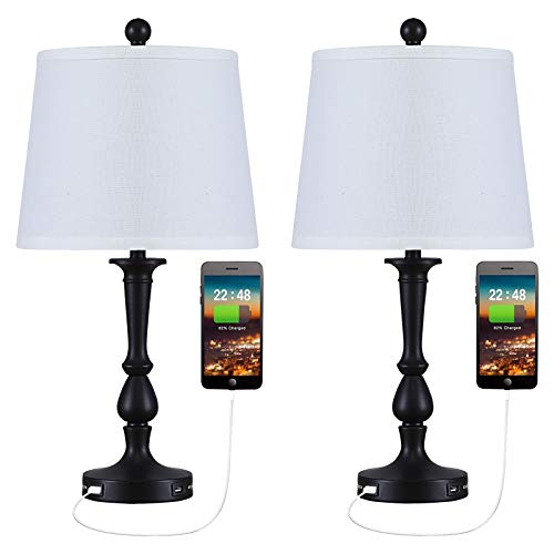 Falflor Bedside Table Lamps Set of 2 Nickel Metal Table Lamps with USB Charge Port Nightstand Lamps for Bedroom Guest Living Room