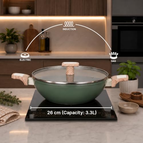Image of Kreme Ceracook Ceramic Coated Granite Kadai 3.2L /26cm with Glass Lid, Deep Frying Kadhai, ISI Certified, Forged Aluminium, Gas & Induction Use, Non Toxic PFAS & PTFE Free, 1 Yr Warranty, Olive Green