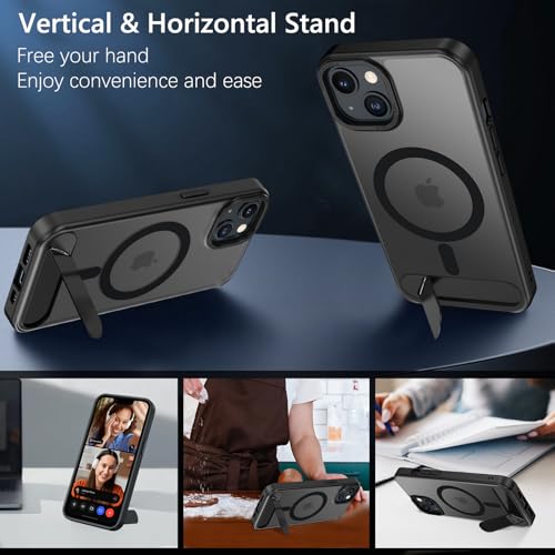 Image of GUAGUA for iPhone 13 Case iPhone 14 Case with Stand, Magnetic Cases with Foldable Invisible Stand Translucent Matte Back Slim Protective Shockproof Kickstand Phone Case for iPhone 13 /14 6.1 inch, Black