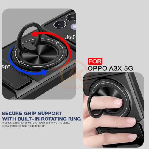 Image of Oppo A3X 5G Back Cover | Armor Camera Slider 360 Degree Rotating Finger Ring Holder Case with Bracket Stand Back Case Cover (Compatible with MagSafe Accessories) (Black)