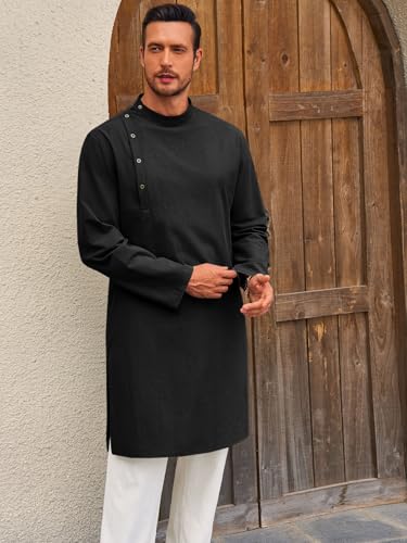 Image of Runcati Mens Kaftan Thobe Robe Long Sleeve Cotton Henley Shirt Casual Muslim Gown Salwar Kurta