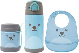 Kit Refeição Copinho Com Canudo Antivazamento Potinho Com Talher e Babador Para Bebe Infantil Térmico Buba Gumy (Azul)