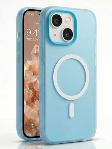 Image of amazon basics Luxury MagSafe Compatible Magnetic Case for iPhone 15 | Soft Touch Matte Pastel Finish | Shockproof Back Cover with Camera Protection (Blue)