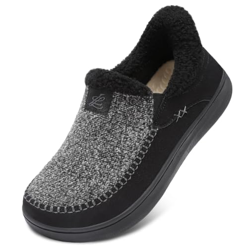 LeIsfIt Men's Moccasin Slippers Wide Toe Box Winter House Shoes Black 11.5