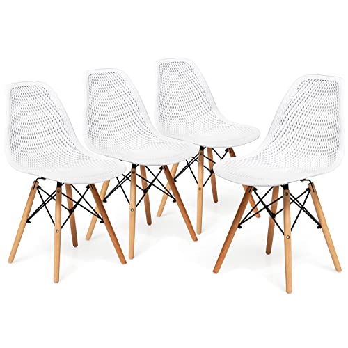 Kotek Set Of 4 Dining Chairs, Dsw Molded Shell Plastic Side Chairs With Mesh Design, Solid Wood Legs, Mid-Century Modern Armless Side Chairs For Kitchen, Dining Room, Living Room (White) #TOP20