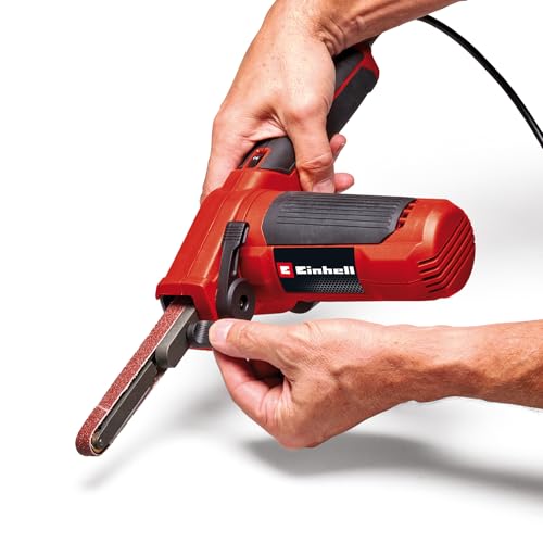 Einhell Bandfeile TC-BF 500 E (500 Watt, Geschwindigkeit bis 1.700 m/min, Dauerlaufarretierung, integrierte Staubabsaugung, Drehzahlelektronik, inkl. 6x Schleifbänder)