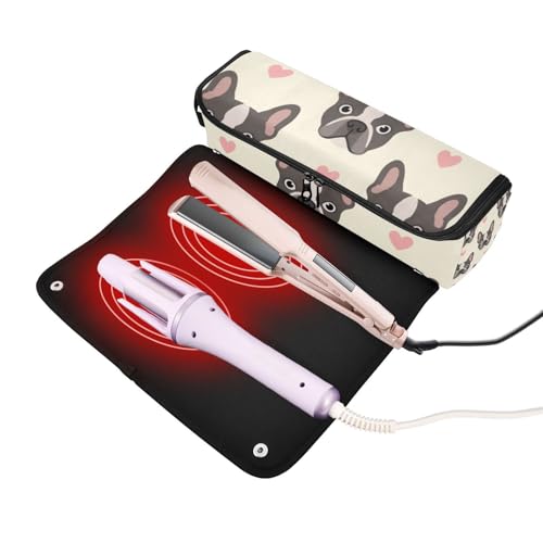 Bolso de viaje para herramientas de cabello Hot Hair Tools con almohadilla resistente al calor, organizador portátil para planchas, alisadores, rizadores, bolsa de almacenamiento beige con diseño de perro francés para mujeres miniatura 2