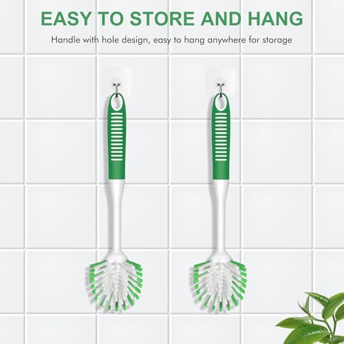 Image of SetSail Dish Brush with Handle, 2 Pack Stiff Bristles Dish Scrubber with Built-in Scraper Dish Scrub Brushes for Cleaning Dishes, Pots and Pans, Kitchen Sink, Green