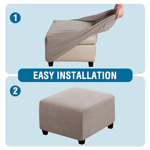 Image of H.VERSAILTEX Square Ottoman Covers Ottoman Slipcovers Folding Storage Stool Furniture Protector Form Fit with Elastic Bottom, Stretch High Spandex Small Checks Jacquard Fabric(Medium,Taupe)