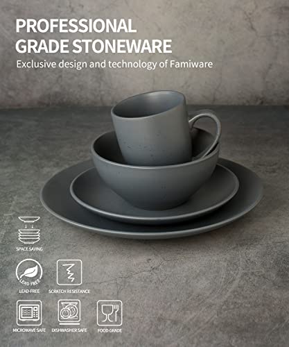 Famiware 16 Piece Moon Dinnerware Sets, Kitchen Plates And Bowls Set For 4, Dish Set With Speckled Design, Microwave And Dishwasher Safe, Light Gray #TOP3