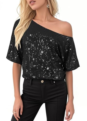Segreto Blusa de fiesta con lentejuelas brillantes para mujer, camiseta de manga corta, cuello redondo, suelta, top de fiesta, XXL