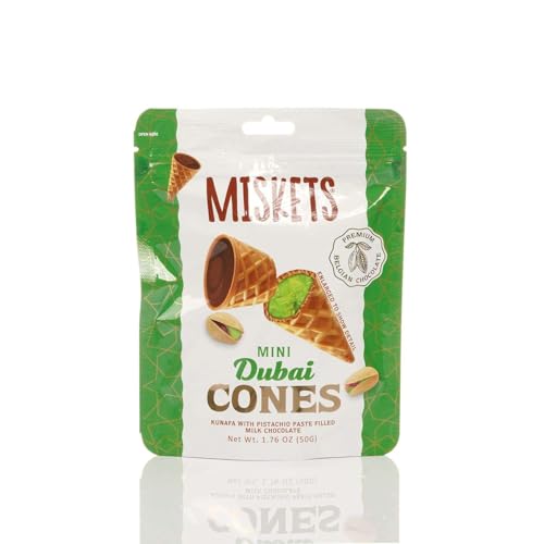 Mini Waffle Cones with Dairy, Dubai Chocolate Filling, Crunchy Bite-Sized Snack, Treat for Kids & Adults, 1.76 Oz