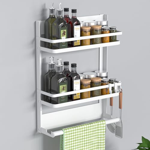 DUNSOO Estante de especias con soporte para toallas de cocina y 4 ganchos, montaje sin taladrar, estante colgante de pared de acero inoxidable, para cocina y baño, color blanco