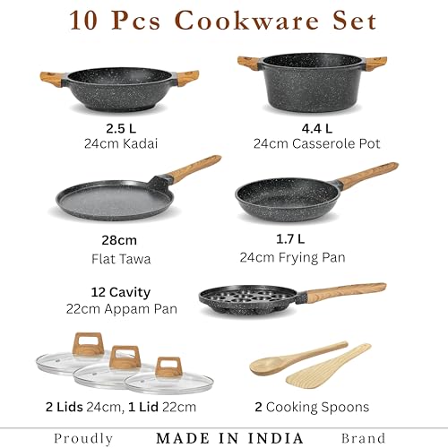 Image of Kreme CeraStone Ultra Granite Nonstick Cookware Set 10 pcs, Wooden Spoons, Kadai 2.5L, Casserole Pot 4.4L, Frying Pan 1.7L, Flat Tawa, Appam Pan 12, PFOA Free, Induction Compatible, Black