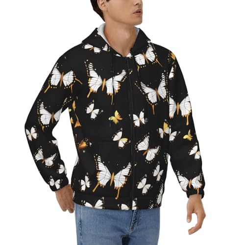 Sweatshirt Hommes Pleine Zip Imprimé Papillons Noir Outwear Chaud