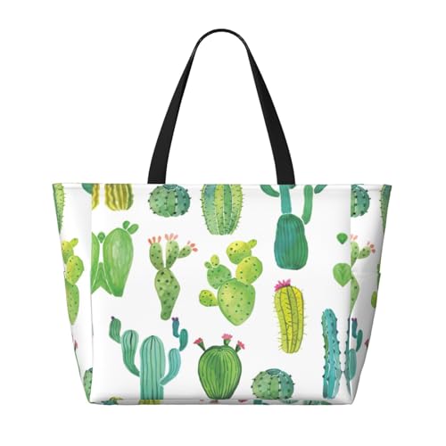 Cactus Print Large Capacity Beach Travel Bag For Family, Beach Tote Bag For Women With Zipper Pockets2