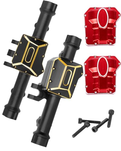 RCHuiWow RC Portal Axles & Diff Covers Upgrades Part for 1/10 TRX4 TRX6 RC Crawler Car,Front & Rear Portal Axle Housing,Heavy Duty Brass Diff Covers(2PCS) w/Red Diff Covers(2PCS),Black