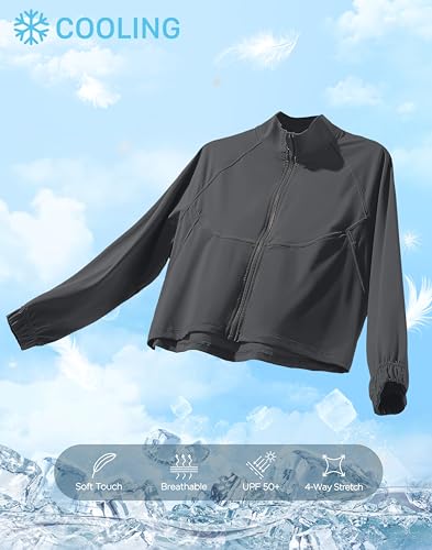 Jaqueta feminina atlética para treino, leve, FPS 50+, manga comprida, com proteção solar, zíper, cro