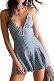 yoeasy Women's Sleeveless Deep V Neck Shorts Denim Romper Spaghetti Strap Tie Backless Ruffle Jean Overalls (Small, Light Blue)