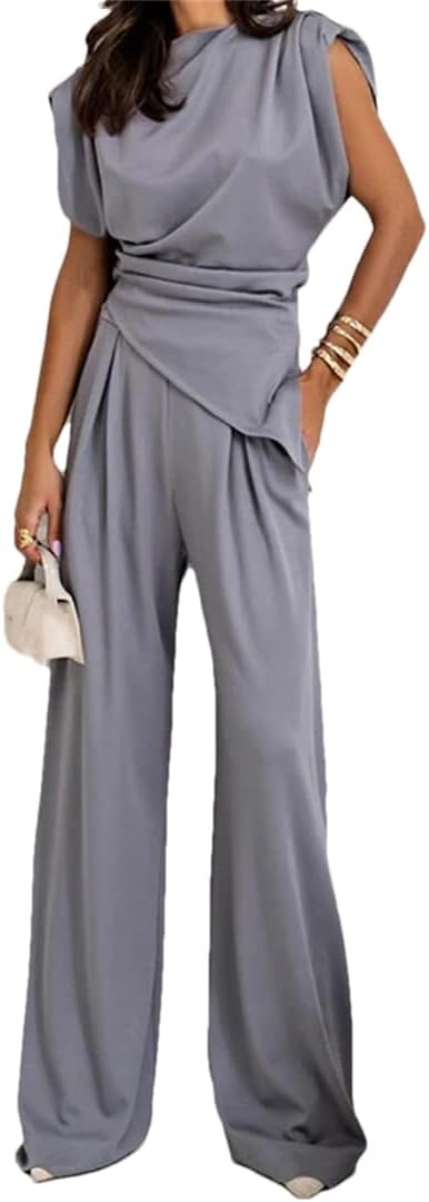 Alloaone Women Straight Set Simple Solid Color O Neck Sleeveless Top + Pants Suit Irregular Outfit