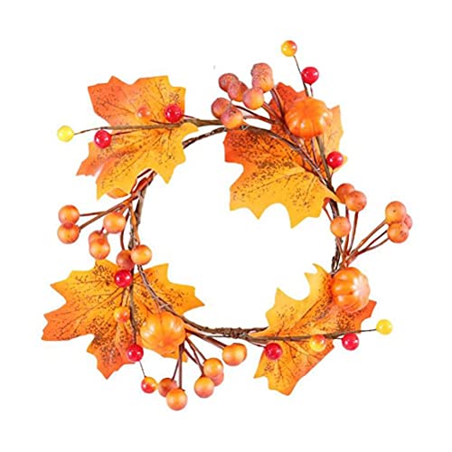 ZHDOKA Artificial Maple Leaf Pumpkin Mini Wreath, Thanksgiving Small Fake Berries Candle Holder Ring Autumn Harvest Candle Garland for Halloween Wedding Party Table Decor(#1)
