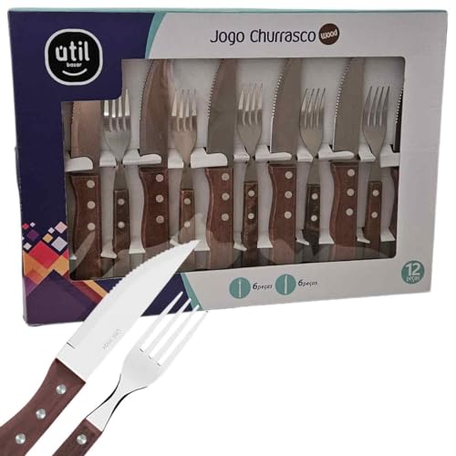 Jogo de Churrasco Talheres com Facas de Mesa e Garfos com cabo em Madeira Tratada e Lâmina em inox 1