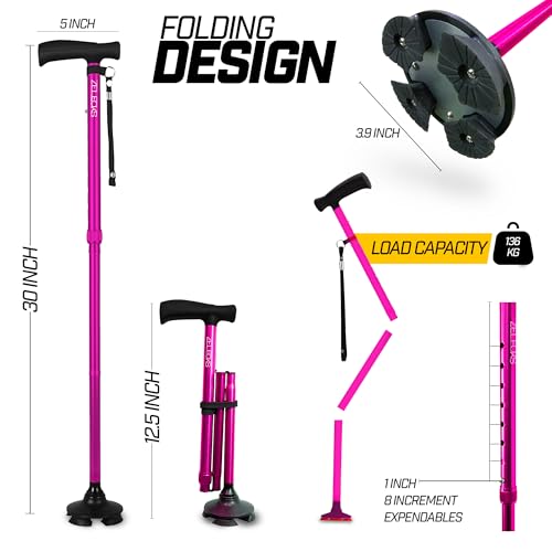 Image of ZELECKS Walking Cane for Women & Men - Self Standing Adjustable Folding Cane with T Handle and 360 Pivot Base - Lightweight Foldable Walking Stick for Seniors - Collapsible Cane for Walking