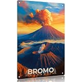 Indonesia Bromo Volcano Aluminum Wall Art, 8x12 Inch Vibrant Volcanic Landscape Print, Sunset Eruption Scene Metal Wall Decor for Home, Office, Travel Enthusiast Gift