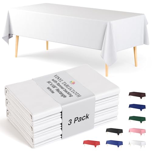 Exquisite White Vinyl Tablecloths - 54 in. X 108 in. - Pack of 3 Rectangle Tablecloth with Flannel Backing - Plastic, Reusable & Waterproof