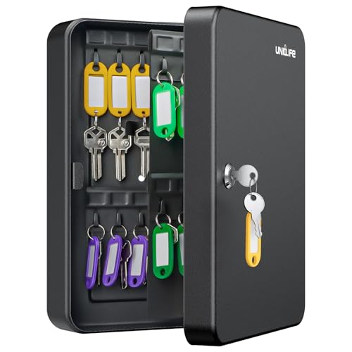 Uniclife Armario para llaves de 60 posiciones con cerradura de llave, caja de almacenamiento de seguridad negra para montar en la pared, organizador de llaves de acero con etiquetas coloridas para