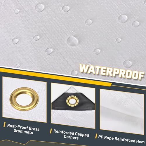 Kesfitt Tarp Heavy Duty Waterproof 10x20FT,16 Mil Thick Tarps Tear&Fade Resistant,UV Resistant,Poly Tarp Cover with Grommets and Reinforced Edges for Outdoor Camping Pools Boat Car(White) - Thumbnail 2