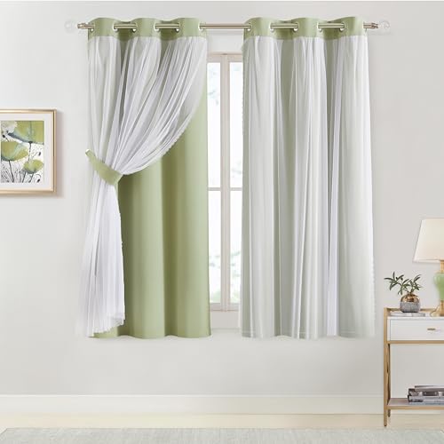 Image of Bujasso Sage Green 90% Blackout Curtains with Sheer Overlay Mix and Match Double Layer Thermal Insulated Window Panels 63 inch Living Room Bedroom Green Drapes with Tiebacks Grommet Top 37 inch Wx63 Lx2