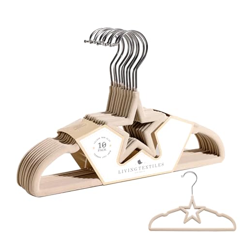 Living Textiles Baby Coat Hangers 10 Pack - Velvet Non Slip Baby Clothes Hangers Soft Star Design, 28cm Infant Coat Hangers for Nursery Wardrobe Organization ( Beige)