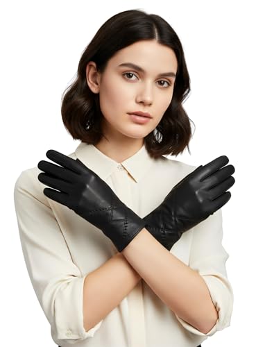Guantes de cuero de invierno para mujer Vivisence de piel premium y lana suave