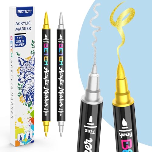 Image of Betem 2 Gold & Silver Paint Markers for Glass, Dual Tip Acrylic Paint Pens