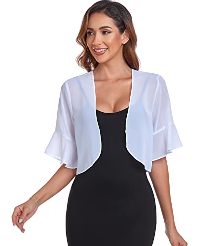 Womens Shrug Chiffon Short Sleeve Open Front Sheer Cardigan For Evening Dress(White,L) #TOP3