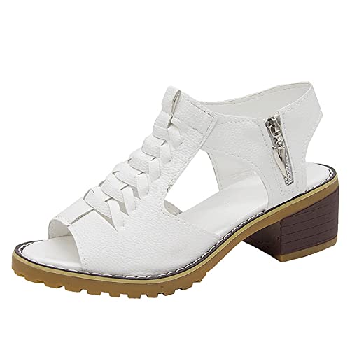 Baimiu Women's Heeled Sandals Roman Round Toe Thick Heel Shoes Fashion Hollow Rhinestone Wedge Slippers Zipper Outdoor Shoes