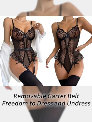 Image of Lilosy Sexy Stocking Lace Mesh Bodysuit Top Underwire Garter Lingerie Set 3 Piece