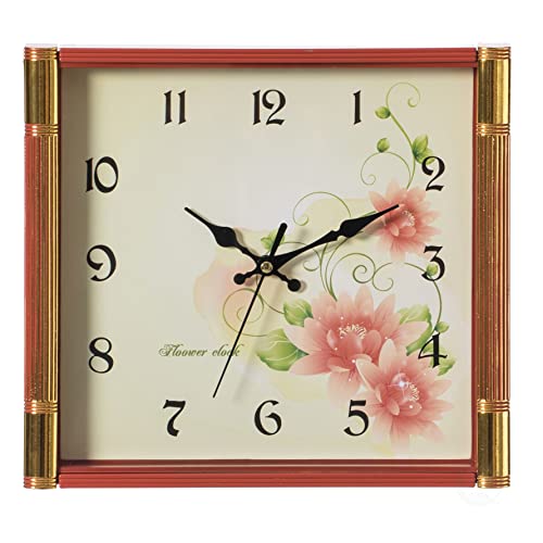 Unique Modern Square Shaped Wall Clock with Floral Design for Living Room, Kitchen, or Dining Room, Brown, (QI004144)