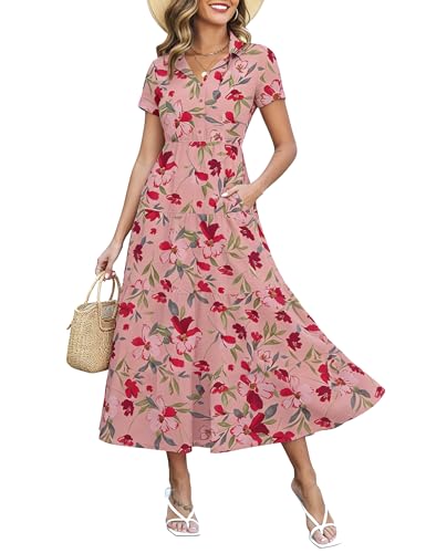 Image of Kranda Women 2026 Summer Collared V Neck Short Sleeve Button Down Chiffon Long Tiered Floral Maxi Dress with Pockets